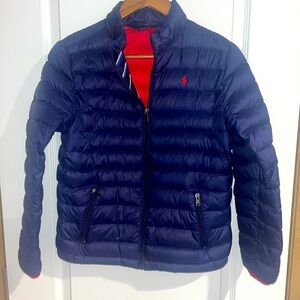 Big boys polo Ralph Lauren puffer coat size large 14/16 navy and red